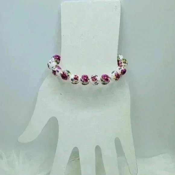 Chinese-Style Ceramic Floral Beaded Stretch Bracelet - Picture 5 of 6